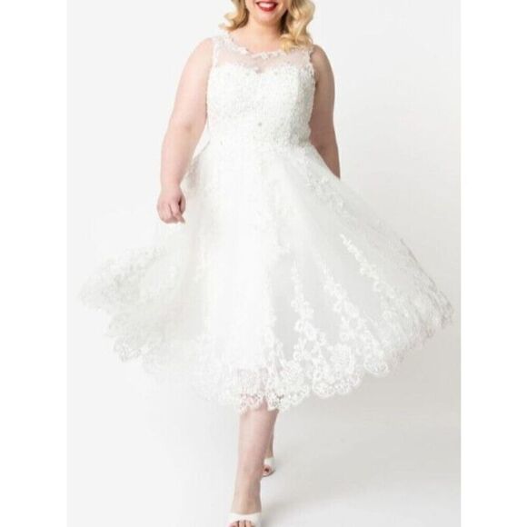 Unique Vintage Dress Bridal Large 10/12 White Lace & Tulle Rhinestone Riviera - Picture 1 of 16